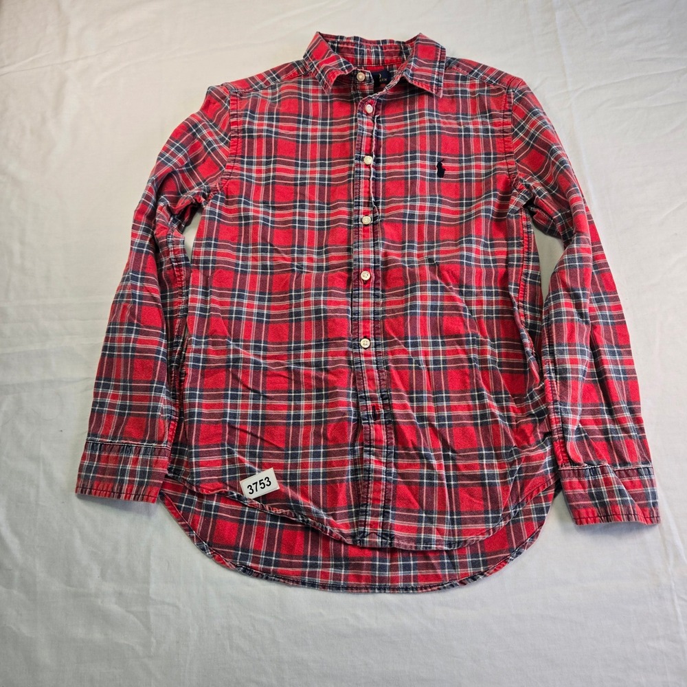 Kids Polo Ralph Lauren Plaid Button Down Shirt Long Sleeve Red Blue Size L 14-16